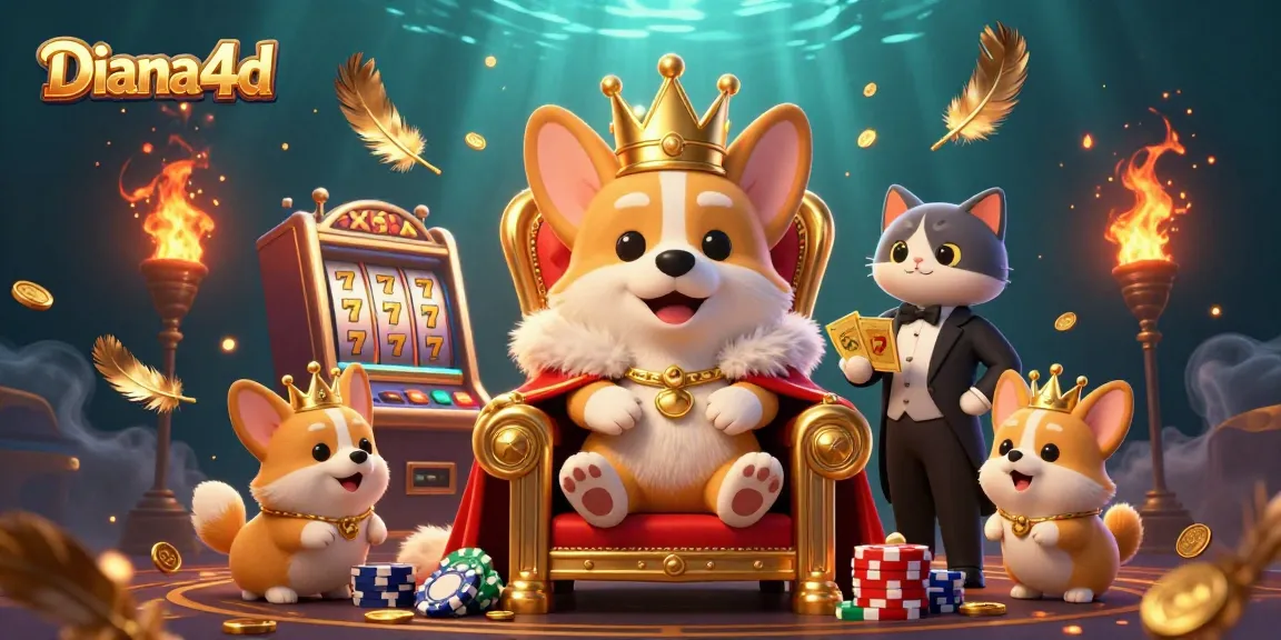 Dive into the adventurous experience with Diana4d's 3D illustration showcasing a royal corgi throne, slot machine, and enchanting game elements.