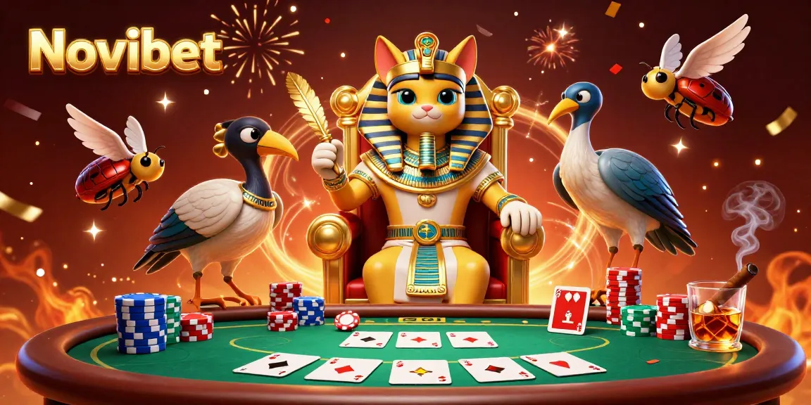 Experience Novibet's thrilling gaming scene with an Egyptian pharaoh cat and poker elements.