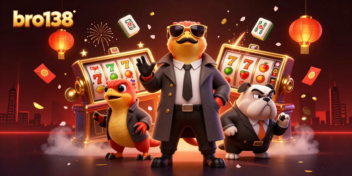 Experience thrilling gameplay with bro138's vibrant casino scene featuring animated characters and slot elements.