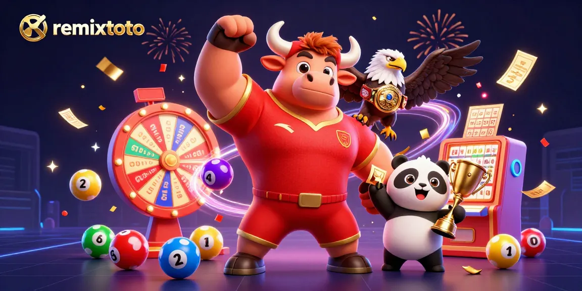 Experience the thrill of remixtoto with dynamic lottery elements and celebratory characters in a vibrant scene.