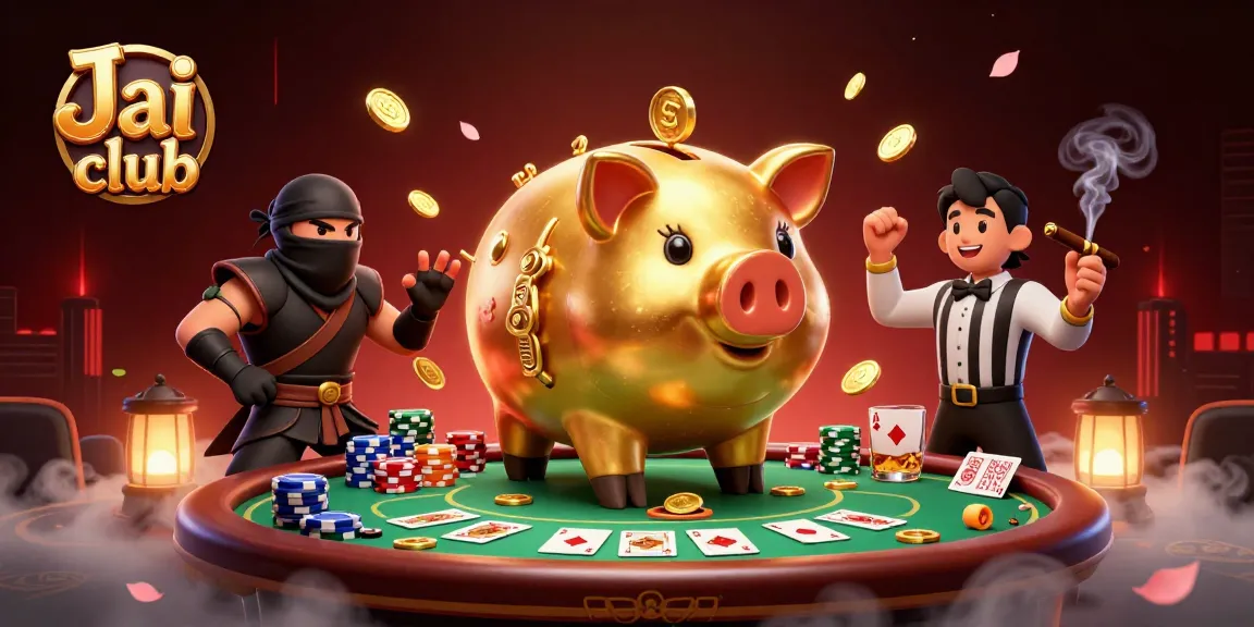 Engage in excitement with Jai club as a golden piggy bank sumo wrestler battles in a vibrant poker scene.