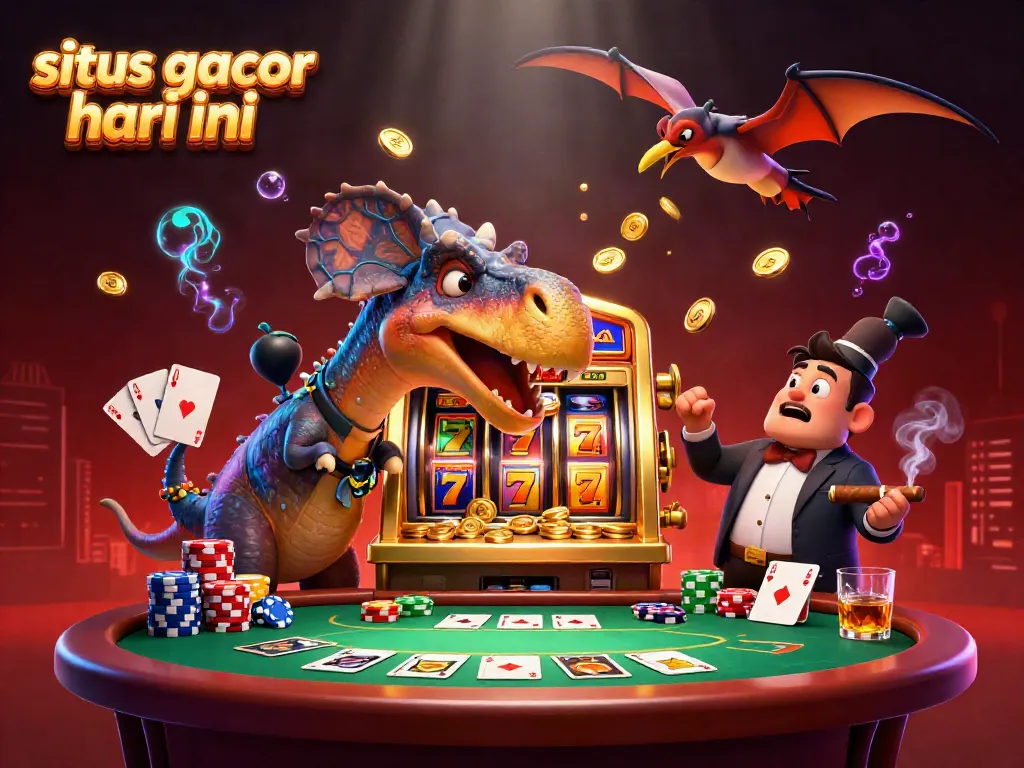 Slot gacor hari ini dengan karakter unik dalam ilustrasi kasino yang penuh warna.