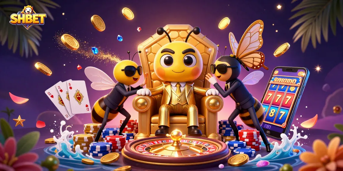 Experience the thrill of SHBET with a dynamic 3D casino scene featuring vibrant characters and elements.
