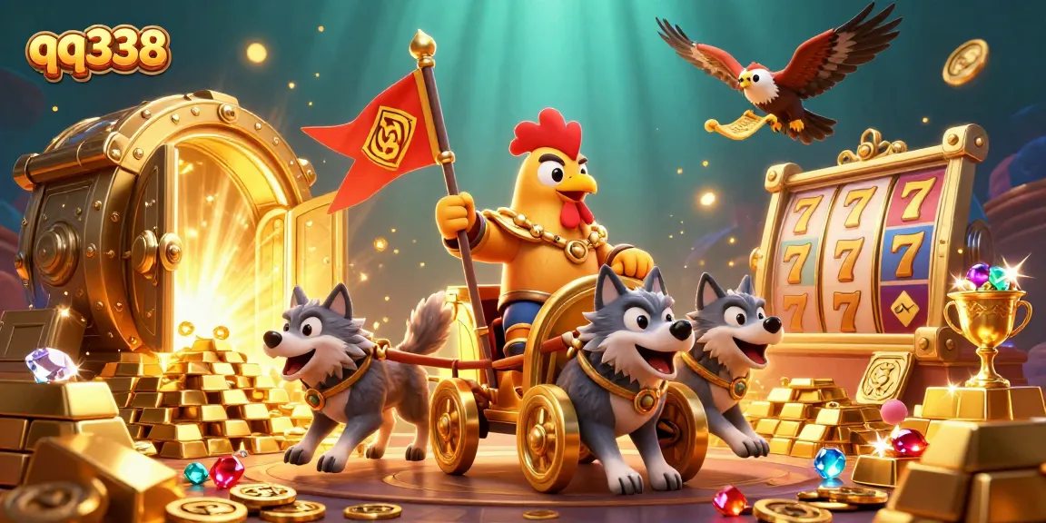 Experience the thrill of roulette and slots in a vibrant qq338 gaming illustration filled with gold and jewels.
