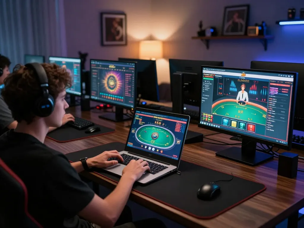 Engaged player at home using hytw3339a for live casino gaming session, laptop displaying poker game.