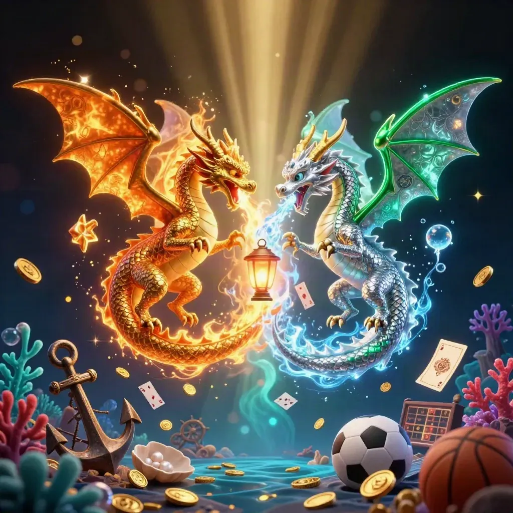 Two treasure dragons spiral above coral, coins, cards, relics, and glowing sea loot.