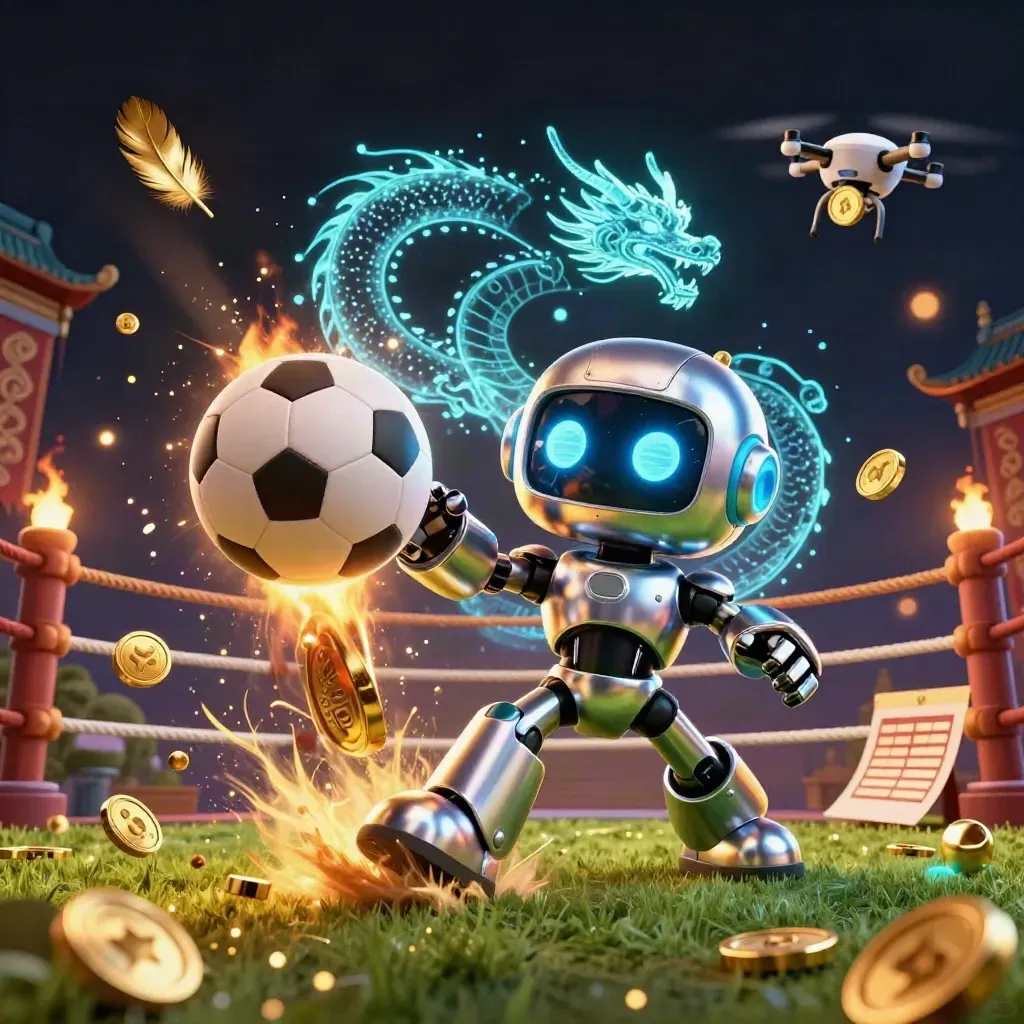 Cyberpunk robot, dragon, and drone amid soccer and basketball chaos in a luxe casino scene.