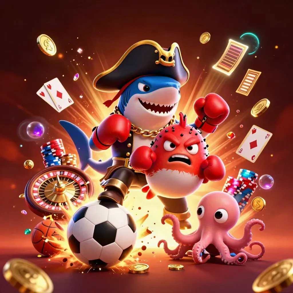 Pirate shark, pufferfish and octopus burst through casino sports props in glowing gold and neon.