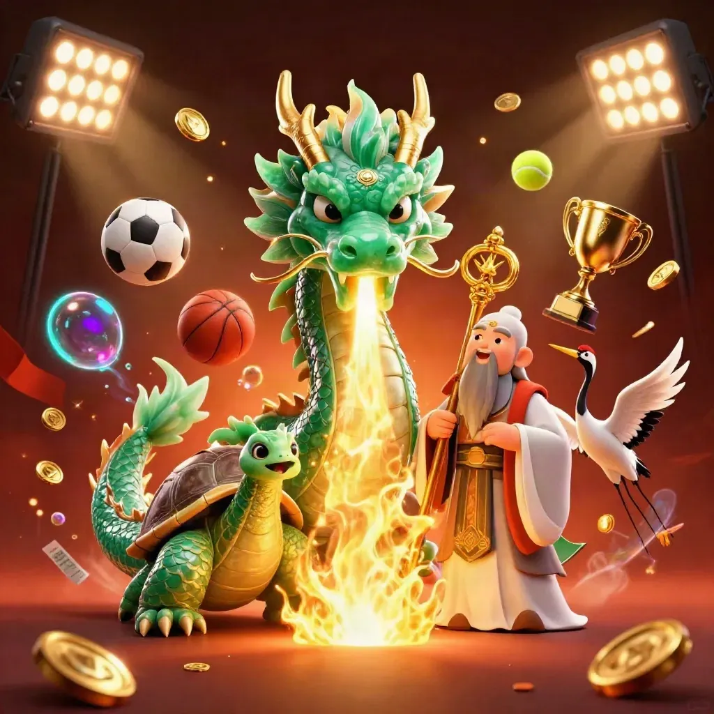 Emerald dragon, turtle sage, and cranes amid flying sports balls, gold fire, and casino glow.