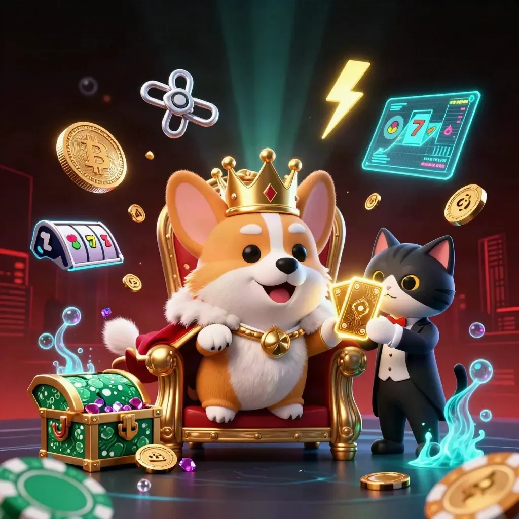 Crowned corgi and cat butler amid gold coins, neon crypto charts, bubbles, and treasure bursts