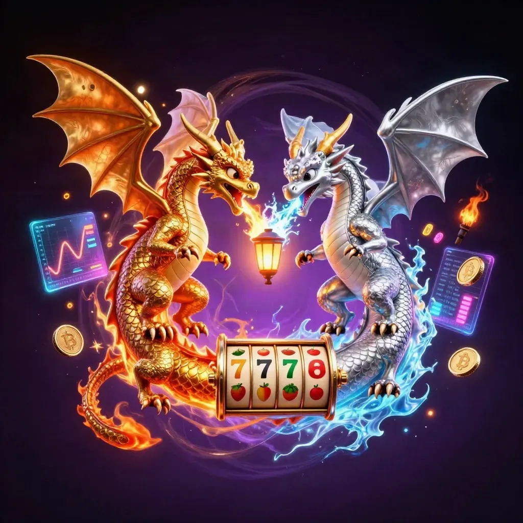 Twin gold and silver dragons spiral with a lantern spirit, coins, reels, and neon casino energy.