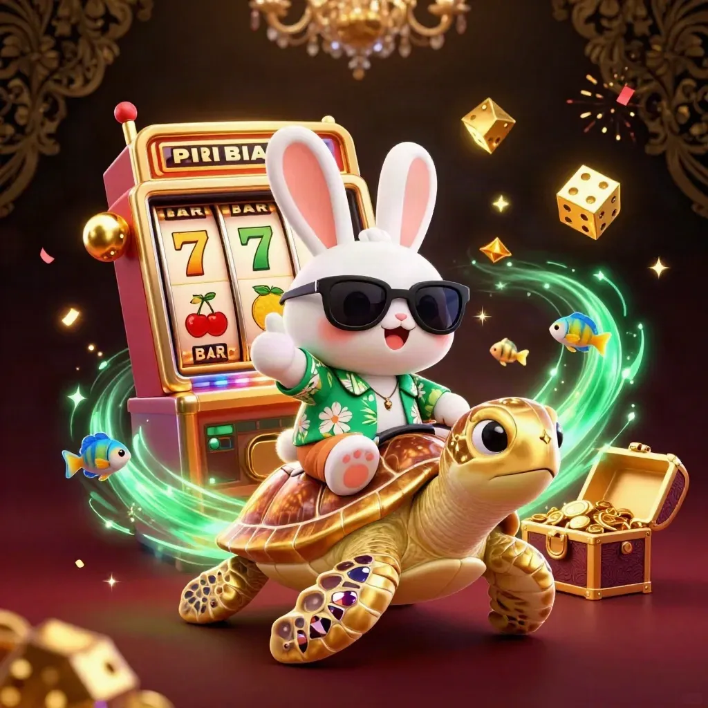 Cartoon rabbit riding a golden turtle amid slots, gold coins, fireworks, and casino sparkle.