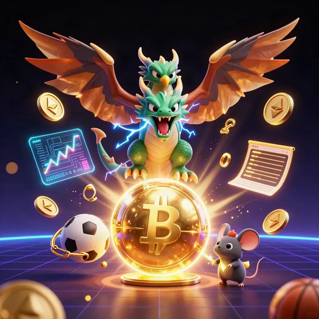 Thunder dragon, hawk and mouse around a gold reward orb with coins, lightning and neon casino glow