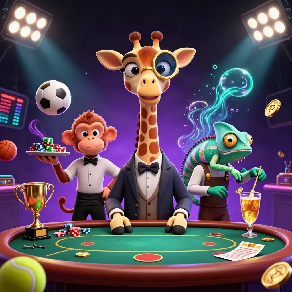 Giraffe, monkey valet, and chameleon bartender amid casino rewards, sports balls, coins, and a trophy.