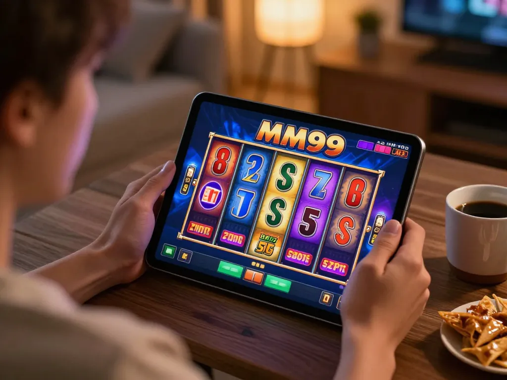 Engaging with MM99 Slot gameplay on a tablet in a cozy home atmosphere.