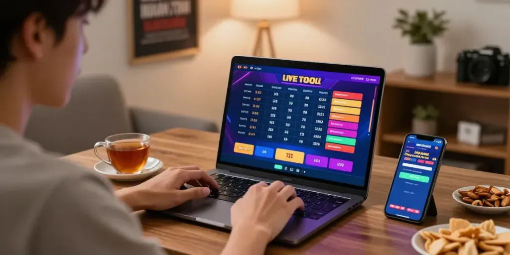 Pengguna aktif bermain ratutogel di laptop dengan suasana nyaman di rumah.