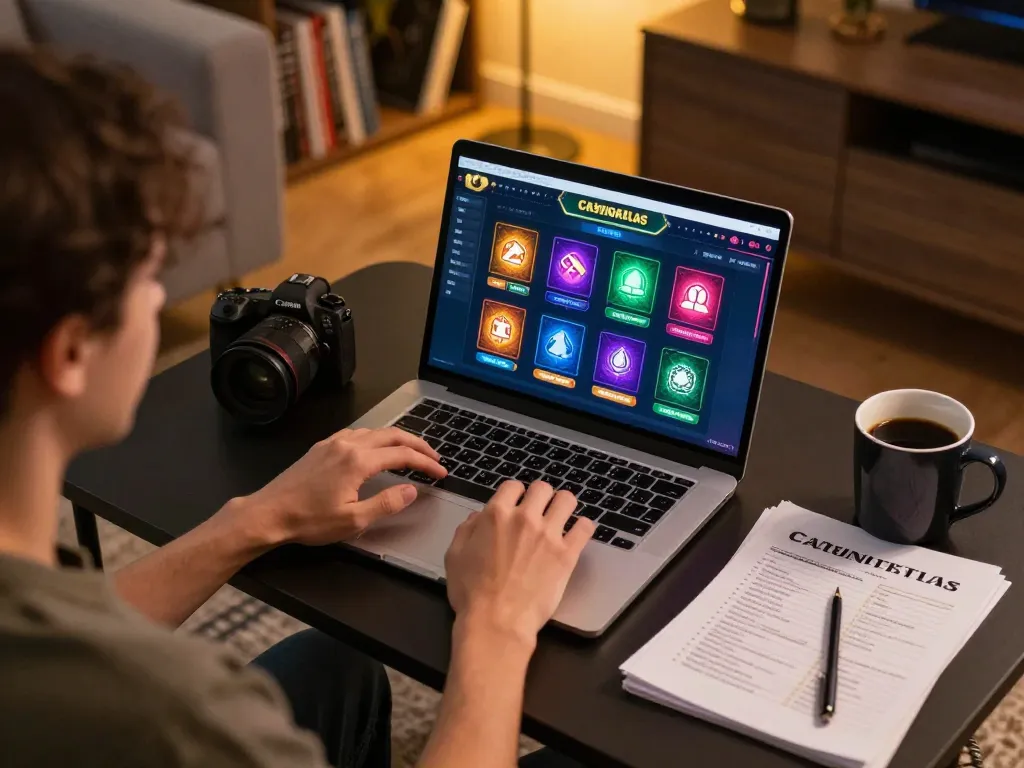 Person engaging with the casinoatlas site for online gaming strategies in a cozy home setting.
