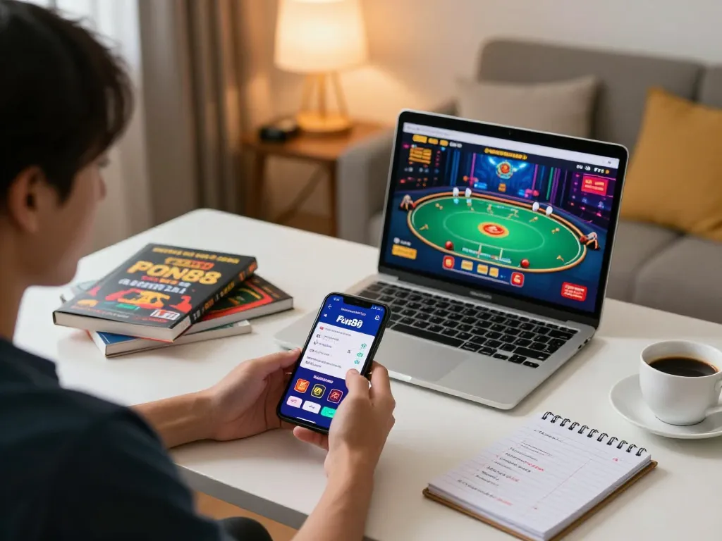 Engaging gaming moment with Fun88 com on mobile app, user analyzing gameplay strategies at home.