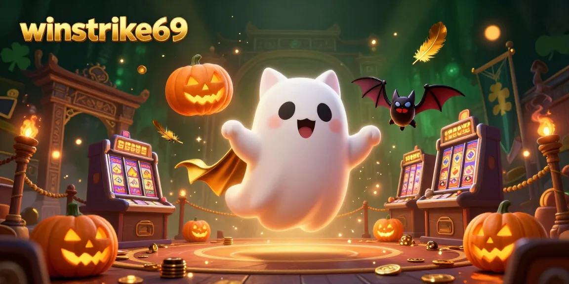 Experience the excitement of winstrike69 with a friendly ghost cat and vampire bat in a casino mansion.