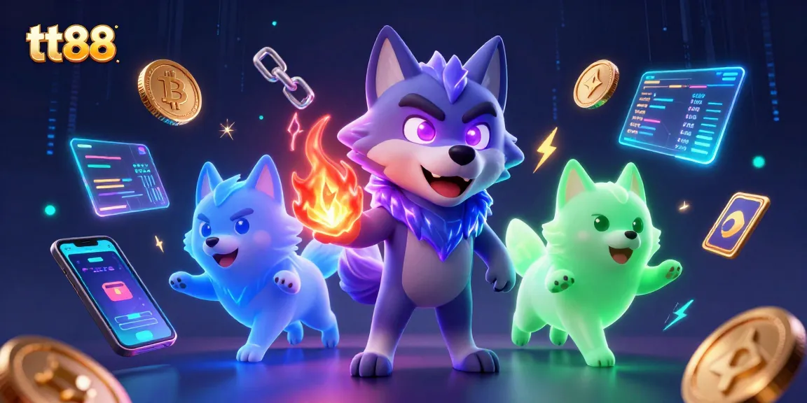 Experience thrilling gameplay at tt88 with vibrant casino characters and crypto elements.