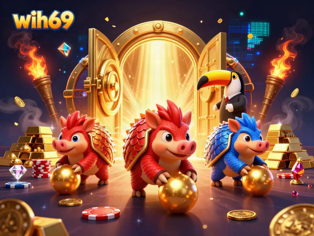 Permainan slot dan kasino dengan wih69 yang menampilkan pangolin bertarung dalam suasana kasino mewah