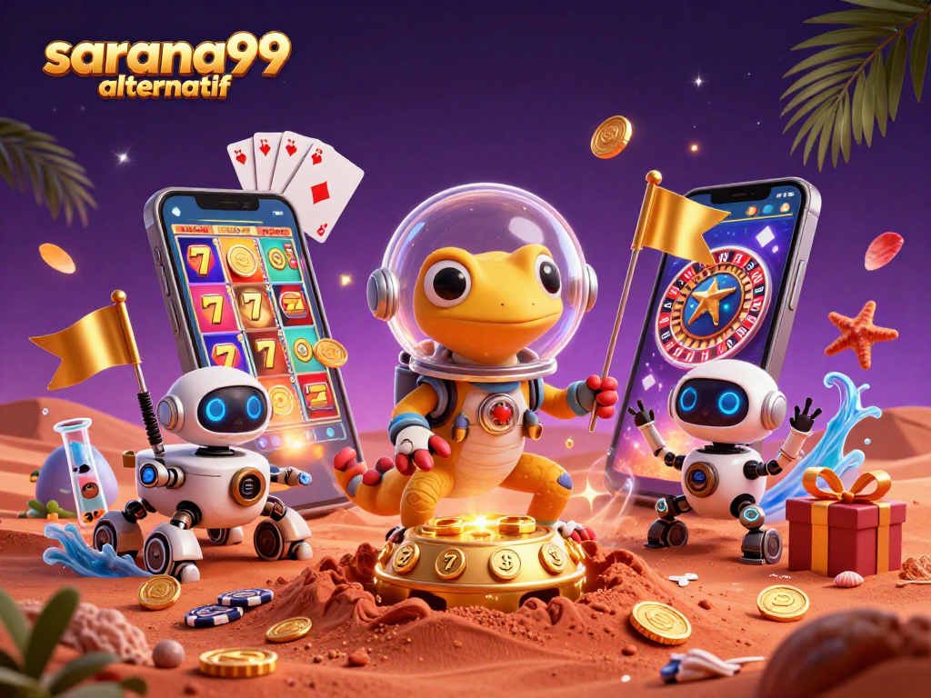 Experience the fun of gambling with sarana99 alternatif, featuring vibrant slot elements and animated characters.