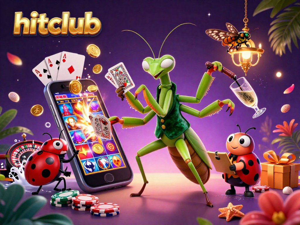 Hitclub showcases vibrant casino action with a giant praying mantis and a ladybug pit boss in a lively 3D illustration.