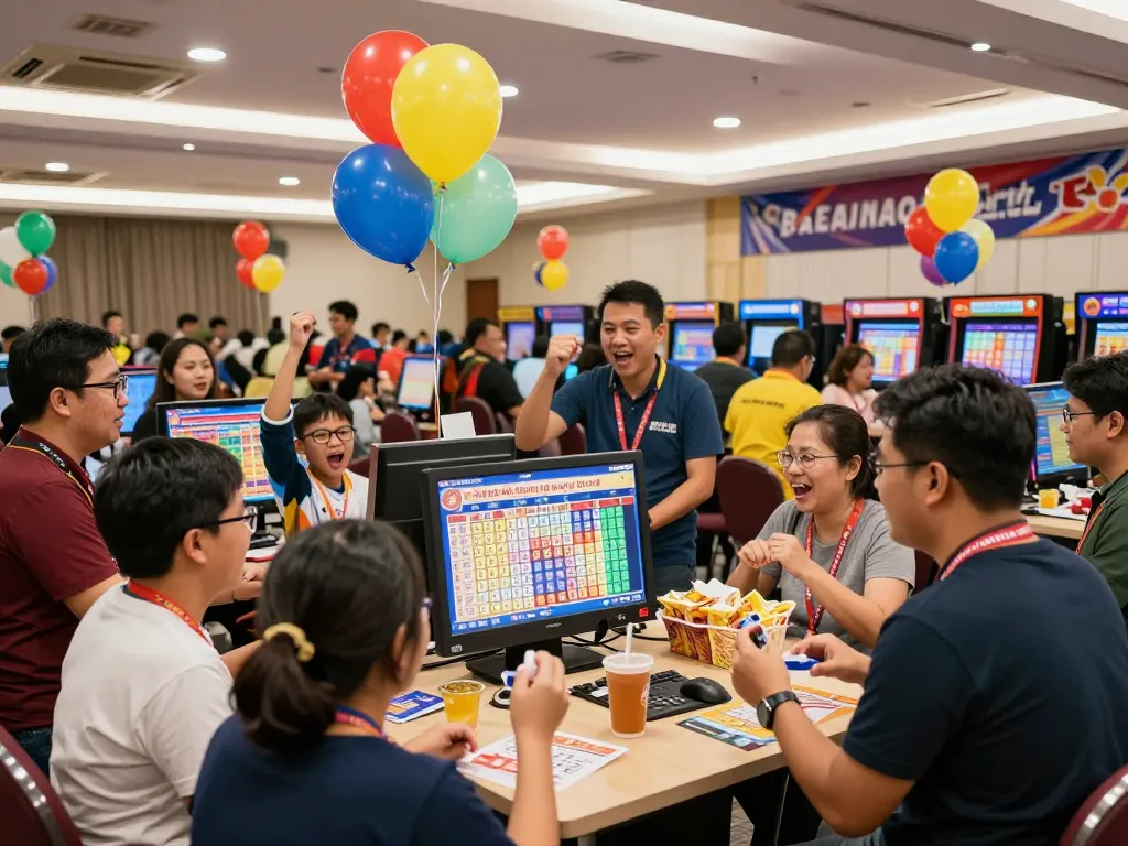 Exciting atmosphere at a lottery event showcasing keluaran togel hongkong singapore results with people celebrating.