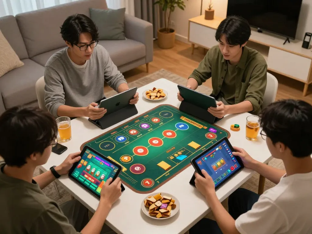 Xóc đĩa players enjoying a vibrant online gaming session on tablets in a cozy home setting.