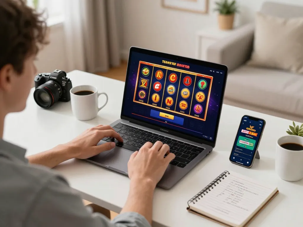 Playing vibrant slots not on gamstop on a laptop at home with cozy decor and gaming strategies.