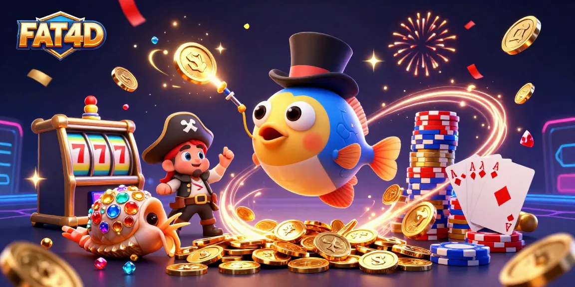 FAT4D showcases a vibrant winning scene with glowing treasure symbols and energetic characters for gamers.
