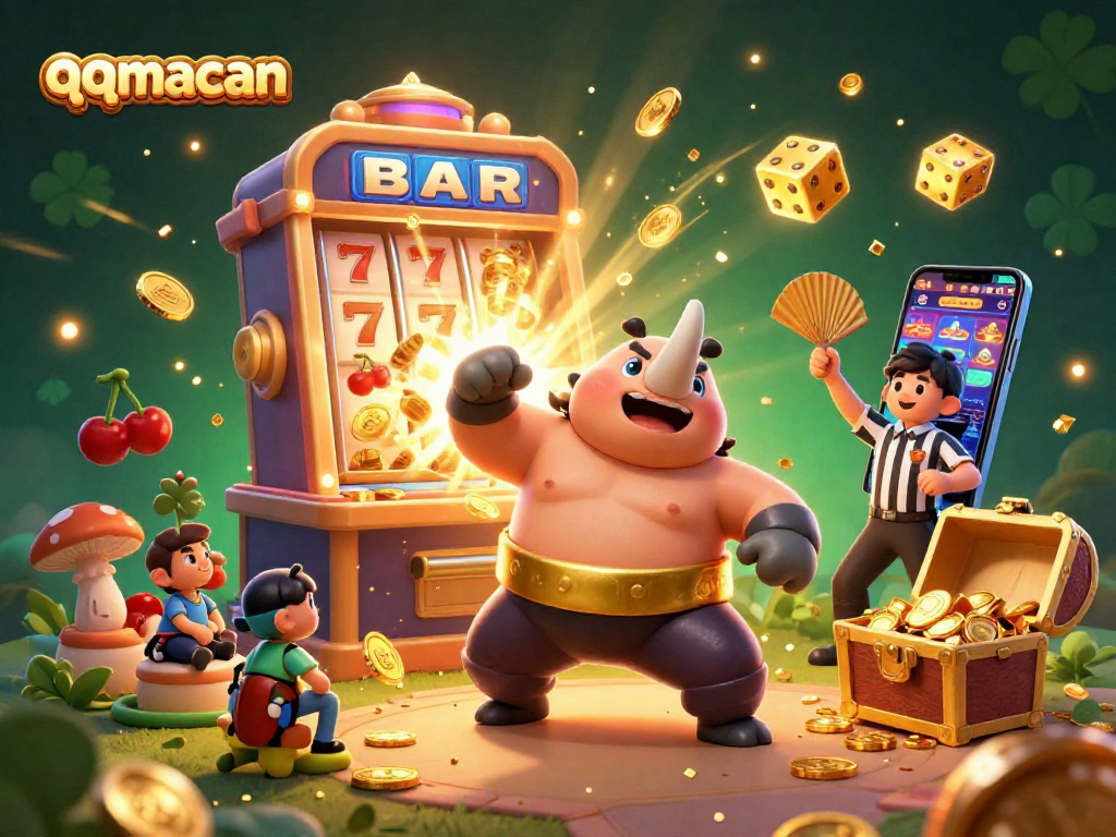 Experience the thrill of qqmacan with a vibrant 3D scene featuring a rhinoceros beetle sumo champion, bursting slot machine, and dynamic casino elements.