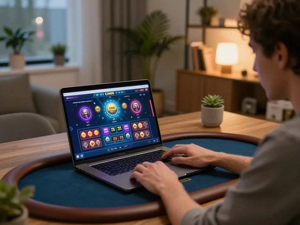 Player engaging in online gaming at CM88 with vibrant interface and cozy home atmosphere