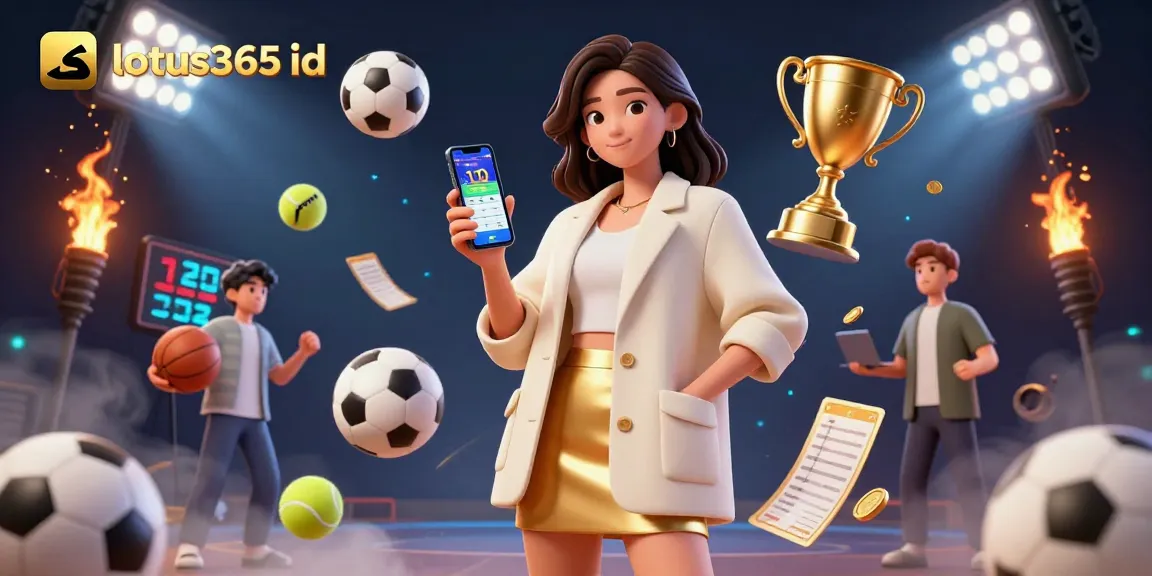 Experience seamless betting with lotus365 id in a vibrant, dynamic 3D illustration featuring winning sports elements.