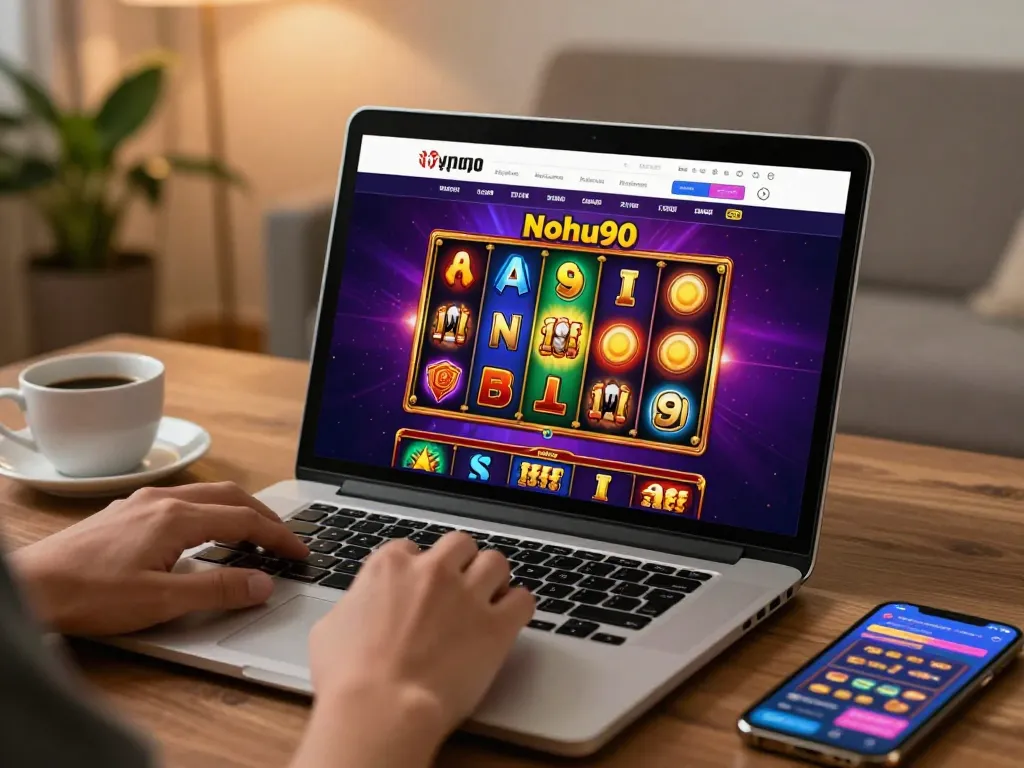 Nohu90 slot game interface displayed on a laptop, showcasing engaging gameplay