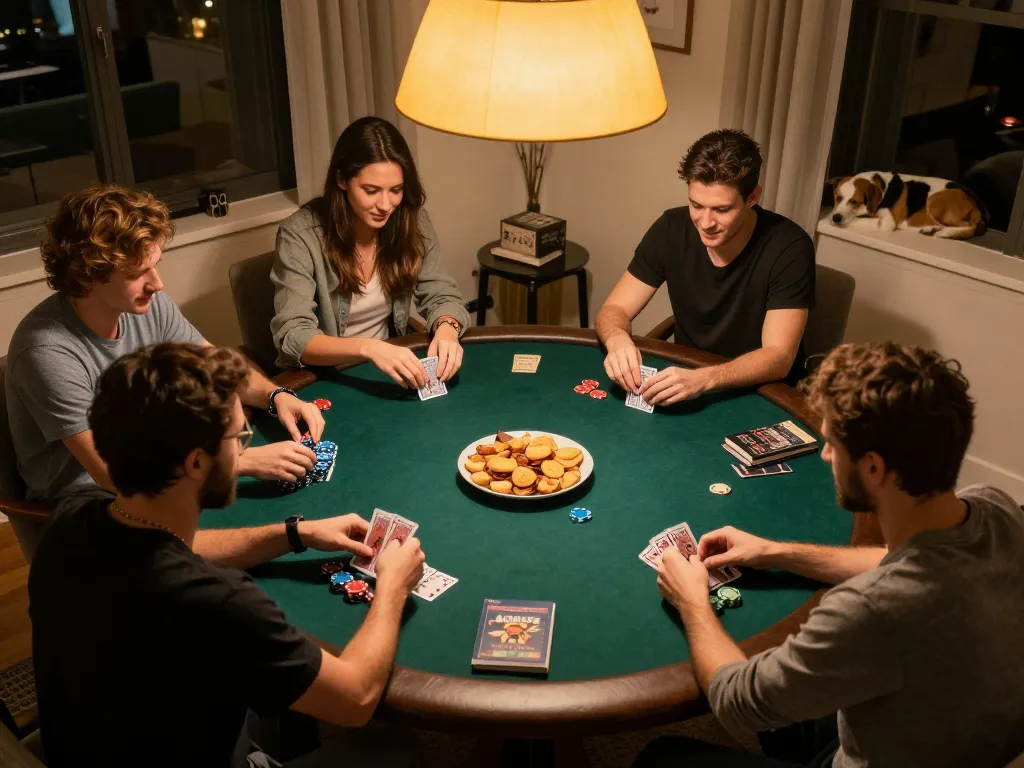 Leci123 enthusiasts engaged in a thrilling home poker game, showcasing strategy and camaraderie in a welcoming setting
