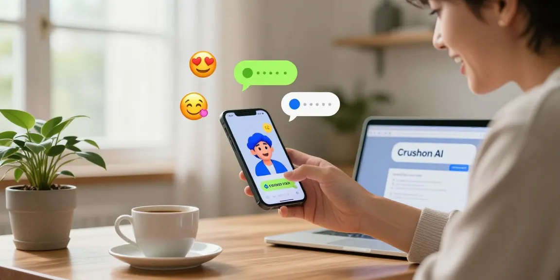 Engaging user chatting on Crushon AI with animated character, capturing vibrant digital interaction at home.
