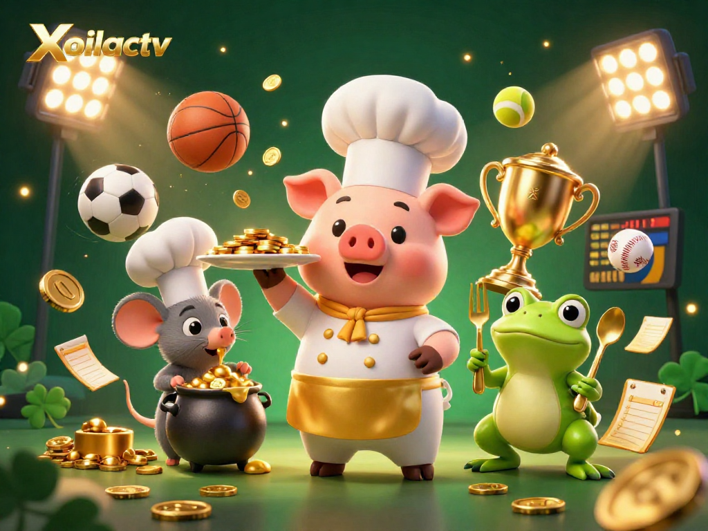 Xoilactv showcases a vibrant casino scene with a cartoon chef pig serving gold coins, dynamic sports elements, and engaging characters.