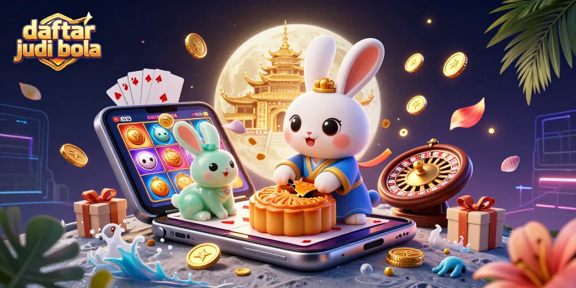 Engage in daftar judi bola betting with a whimsical moon rabbit and vibrant casino elements.