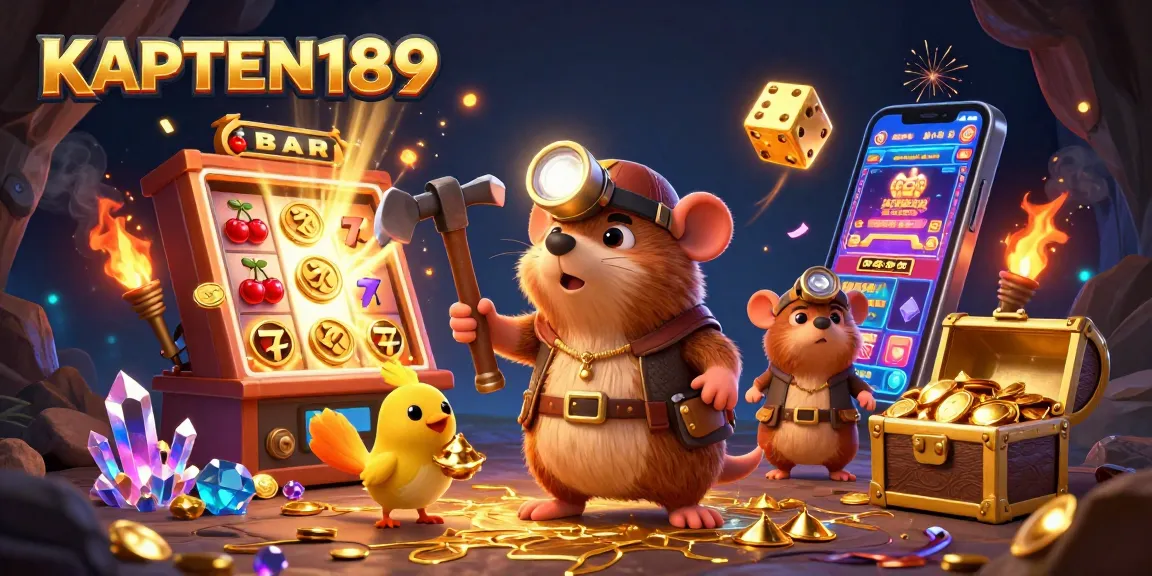 KAPTEN189 hadir dengan ilustrasi 3D yang menunjukkan karakter penambang berpetualang di dunia slot.