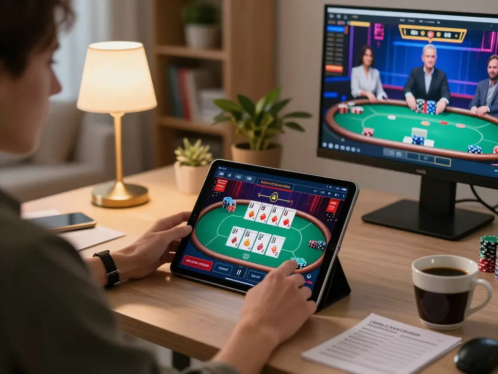 cm88 player enjoying poker strategy on tablet in a modern gaming setup at home