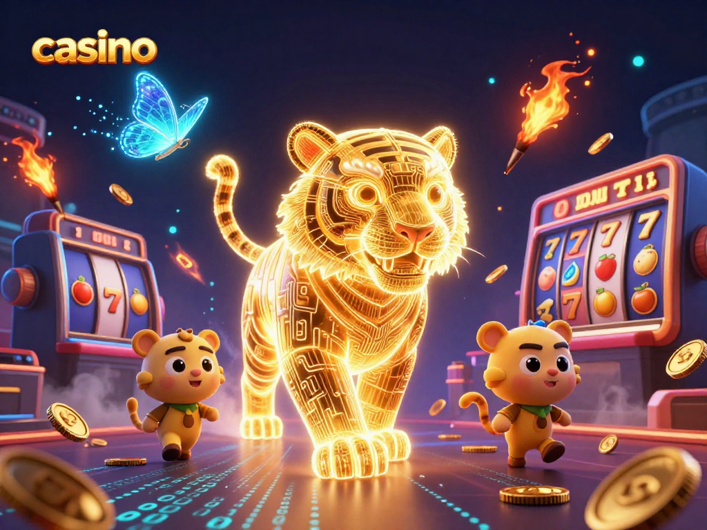 Engage with the casino scene featuring a neon golden tiger and dynamic slot symbols.
