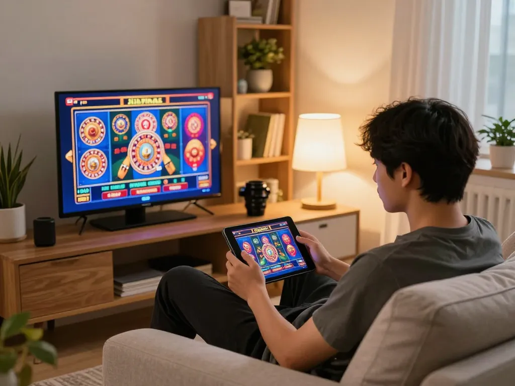 Engaging gaming scene on Jilipinas app, person focused on tablet gameplay in cozy living room