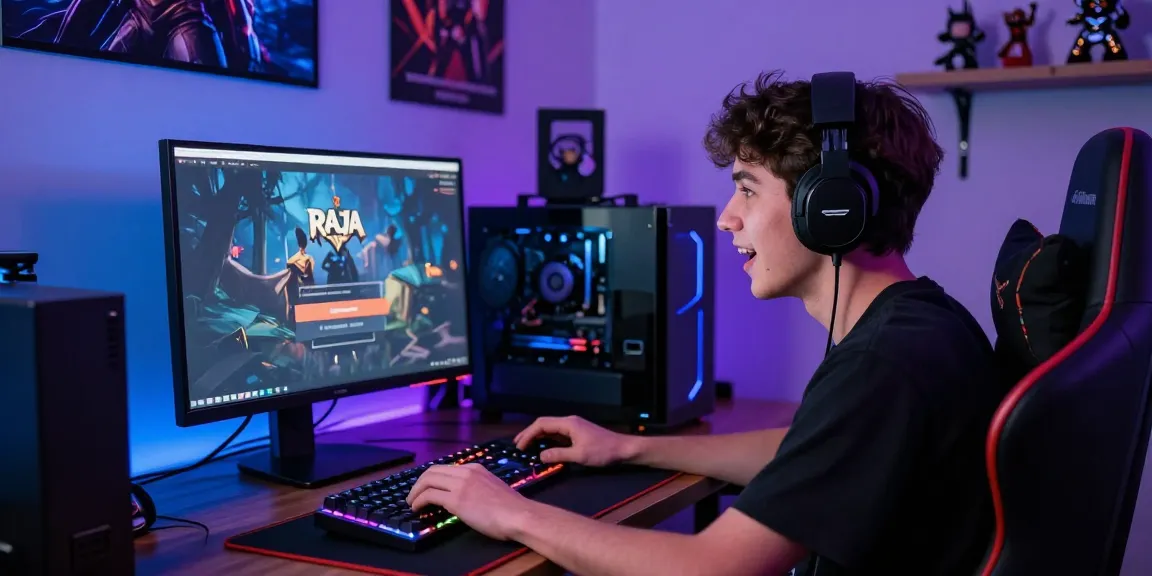 User engaging in Raja Game login on a vibrant computer setup with gaming peripherals and colorful ambient lighting.