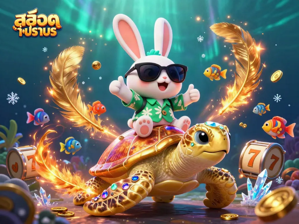 Engage with สล็อตทดลอง as a lucky rabbit rides a golden turtle in a vibrant casino adventure scene.