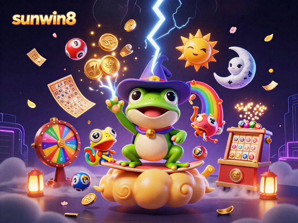 Experience thrilling winnings at sunwin8 with the wizard frog and vibrant lottery elements in 3D art.