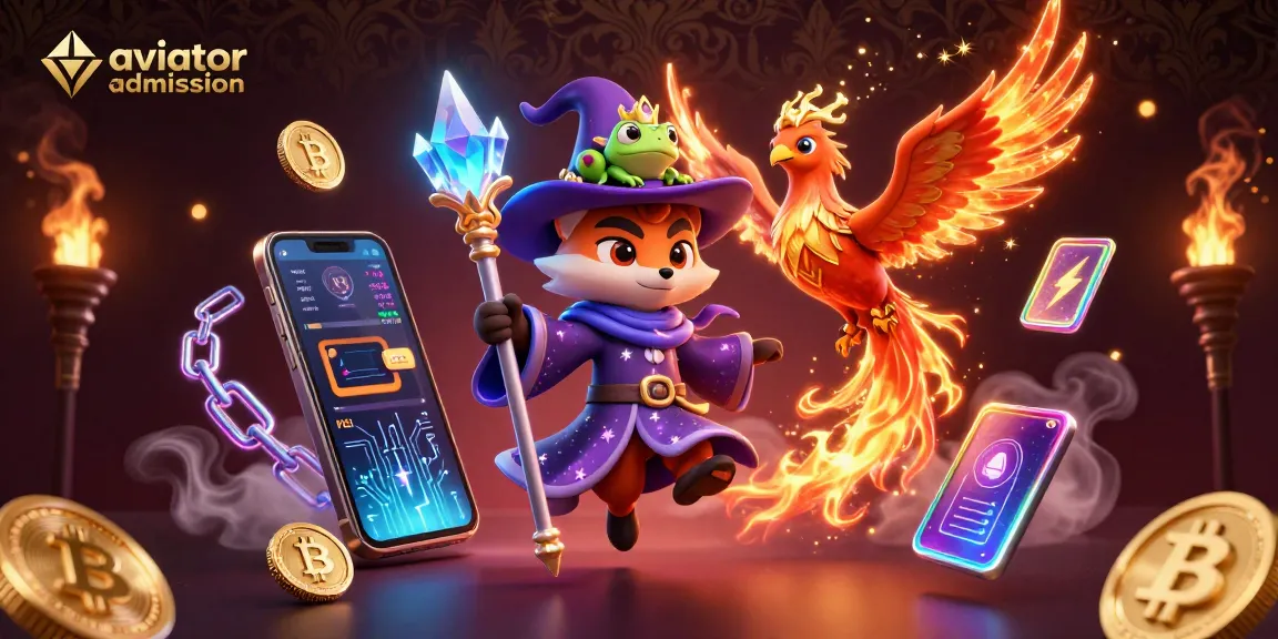 Aviator admission game illustration featuring a whimsical wizard fox with a phoenix, decorated with neon crypto elements.