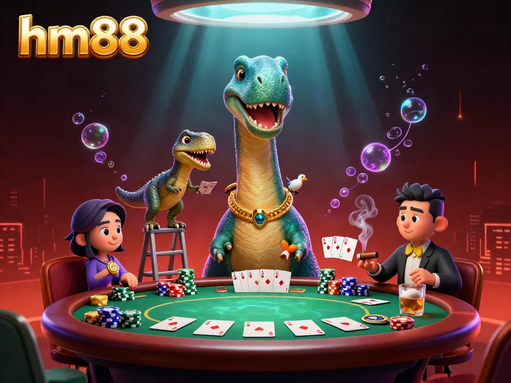 Experience exhilarating poker action at HM88 with a towering brontosaurus dealer and vibrant gameplay elements.