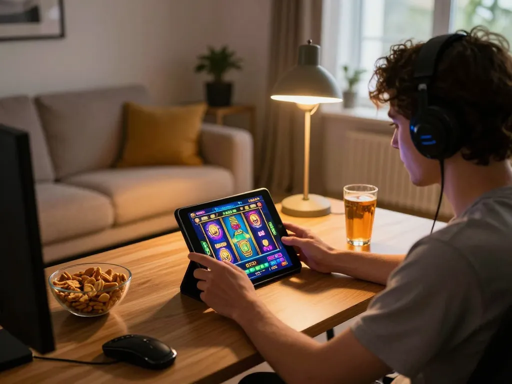 Pemain terlibat dengan permainan slot berwarna-warni di tablet di rumah dalam suasana yang nyaman