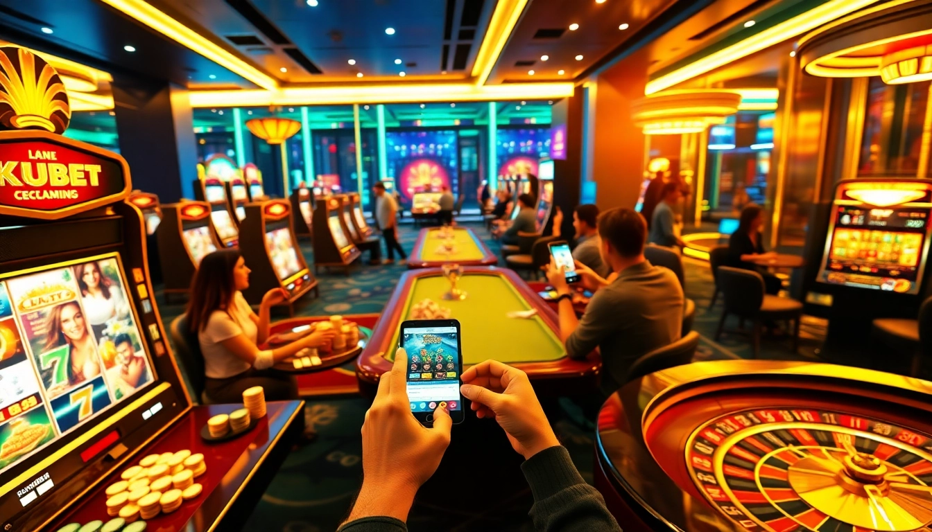 Kubet online gamblers experiencing excitement at a vibrant casino scene with modern gaming interfaces.